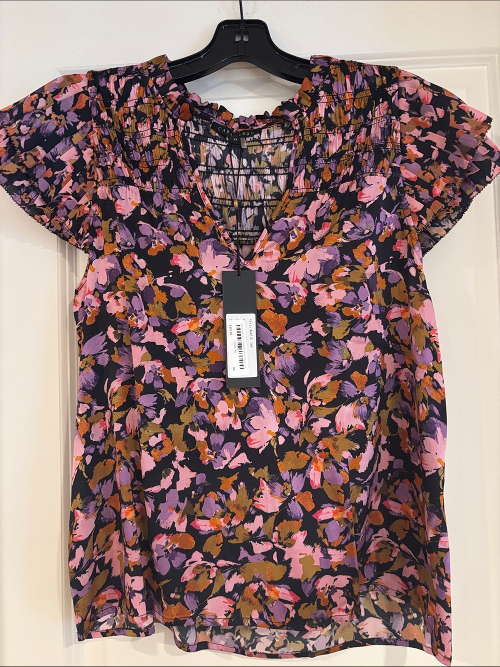 Caballero Floral Smocked-Neck Blouse in Pink, Purple & Brown